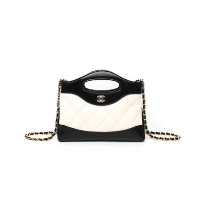 CHANEL NANO 31 WHITE BLACK SHINY LAMBSKIN GOLD HARDWARE (20*17*4cm) 